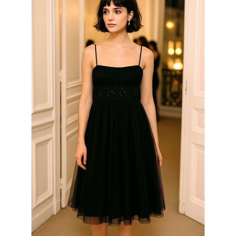 Vintage Cache Midi Dress Strap Black Cocktail Mesh size 4 Party Paris Y2K Formal